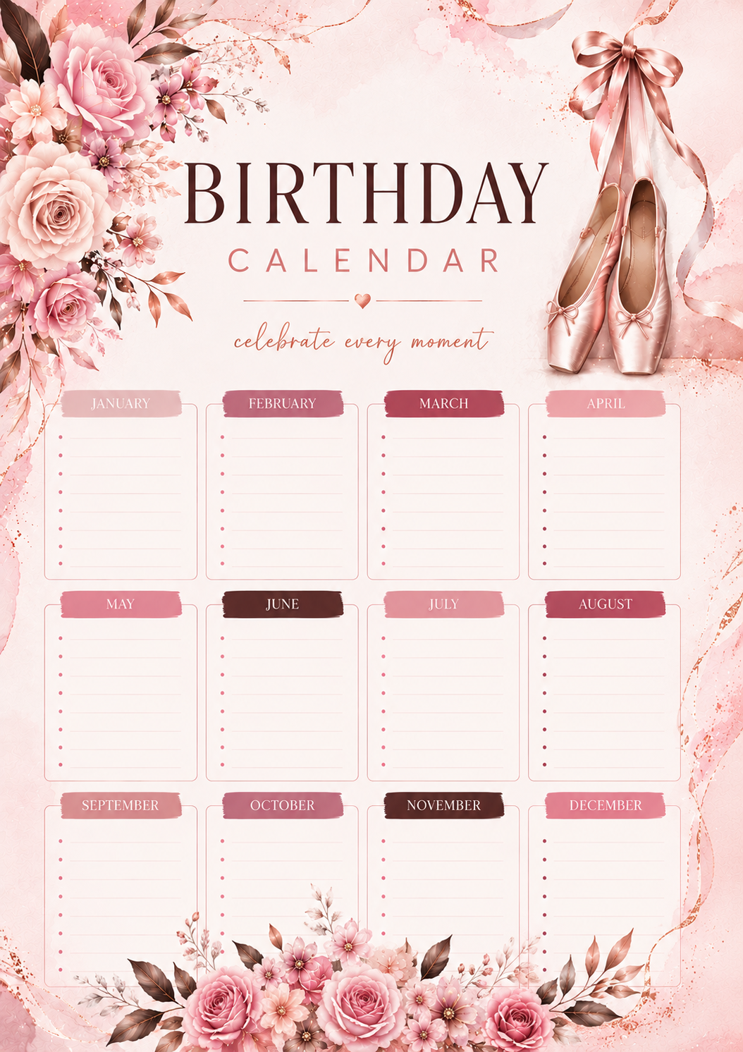 Dance Themed Birthday Calendar